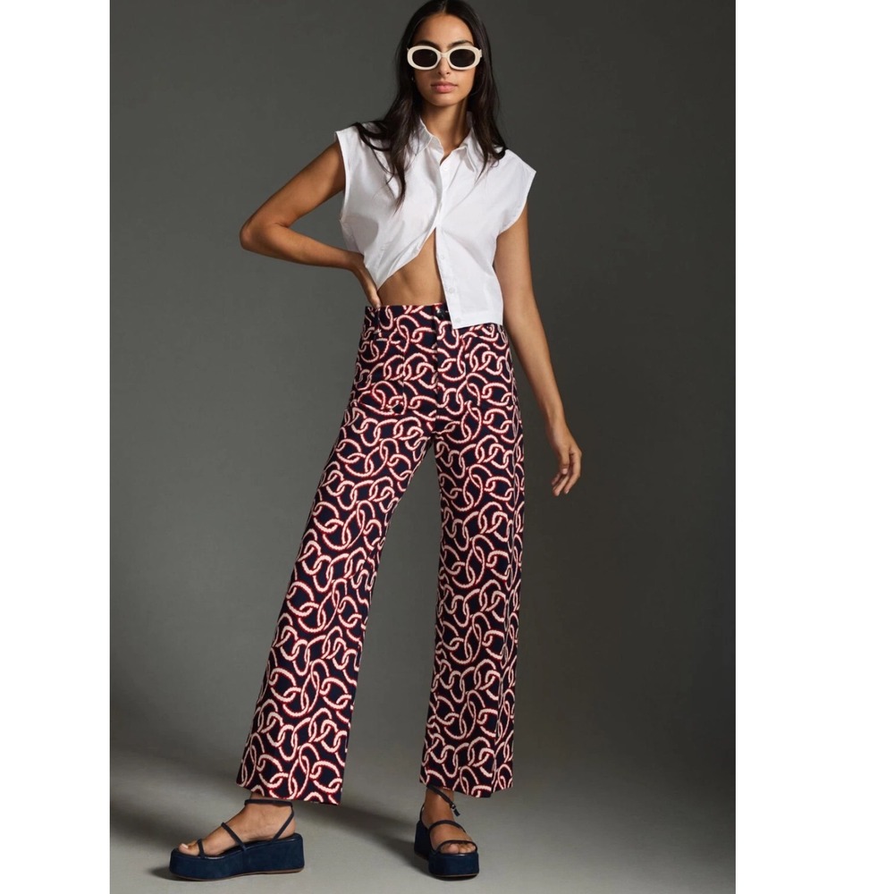 Anthropologie Maeve The Colette Cropped Wide-Leg Ponte Pants 28P Blue Chain Link